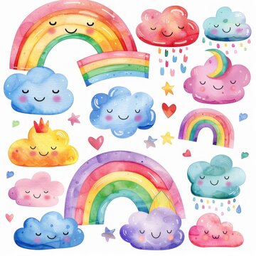 This watercolor artwork depicts colorful rainbows arching over fluffy white clouds against a bright blue sky. The rainbows blend seamlessly into the clouds, creating a whimsical and joyful atmosphere