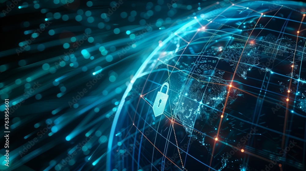 Poster global network security concept, featuring an earth with glowing interconnected lines representing i