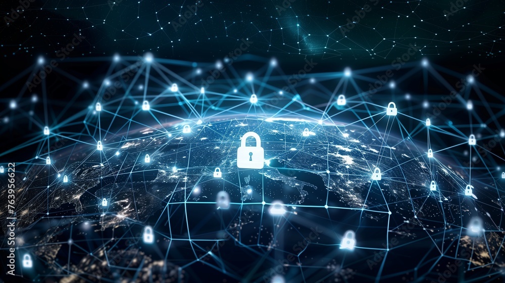 Poster global network security concept, featuring an earth with glowing interconnected lines representing i