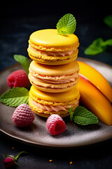 Stack of yellow macarons, artistically placed on a dark plate, surrounded by fresh raspberries, slices of mango, and mint leaves. Perfect for culinary presentations, food blogs or dessert menus