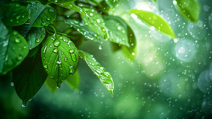 Raindrops on green leaves