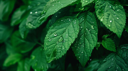 Green leaves with water drops