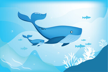 Cute whale family in a deep blue sea