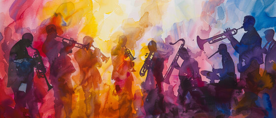 Silhouettes of a music band against a vibrant, abstract, colorful backdrop playing jazz - obrazy, fototapety, plakaty