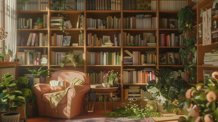 Naklejka premium Abundant books and plants in a cozy reading nook