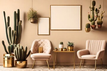 Retro interior design of living room with stylish vintage chair and table, plants, cacti, personal accessories and gold mock up poster frame on the beige wall. 