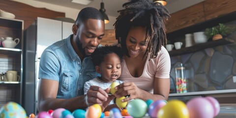 Fototapeta na wymiar African American family in a modern kitchen, joyfully decorating Easter eggs with vibrant pastel colors. 
