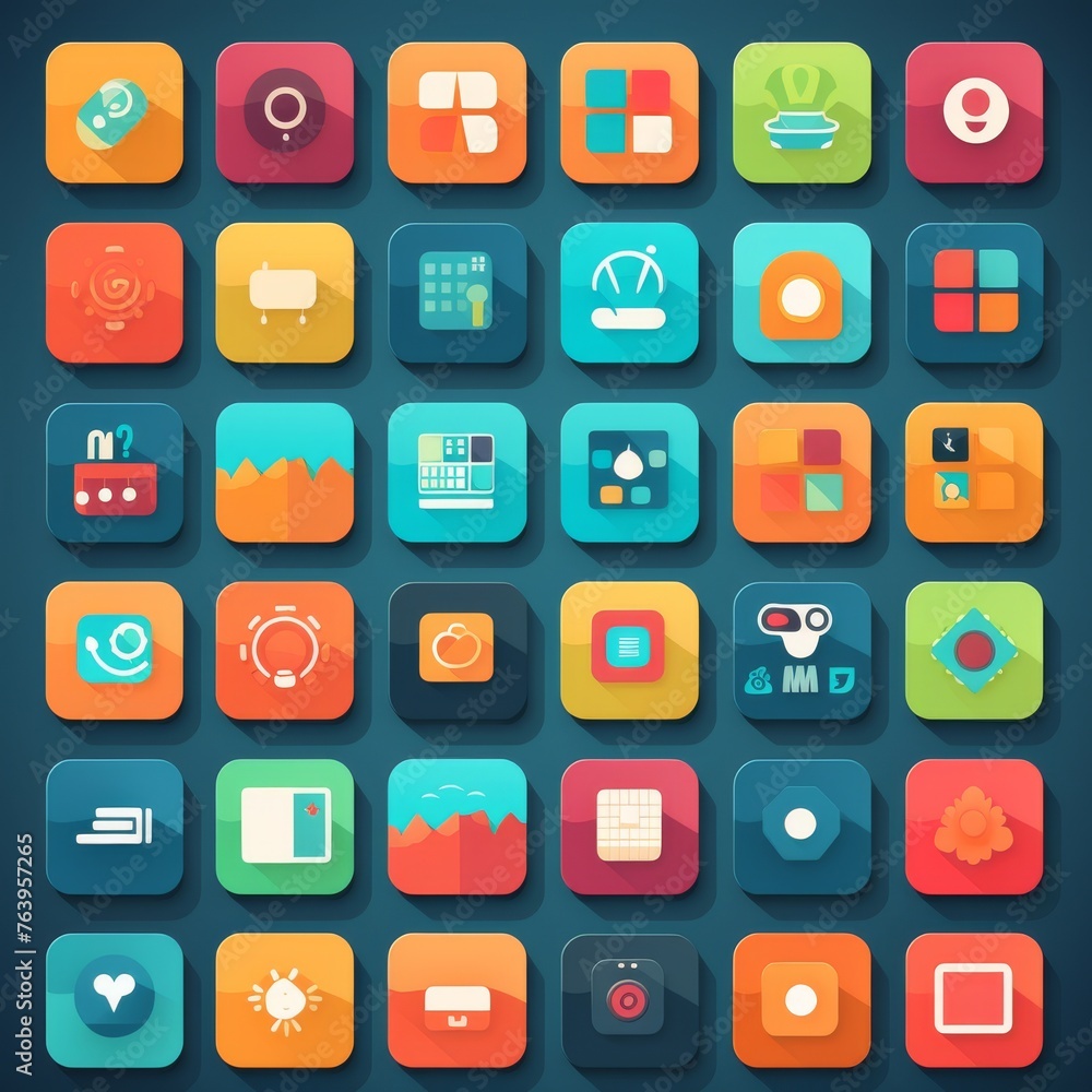 Poster an assortment of vibrantly colored app icons, showcasing a variety of designs and functions in a sha