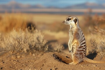 meerkat sentinel standing by a burrow in a desert landscape