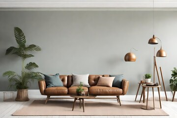 Retro style in beautiful living room interior with grey empty wall 