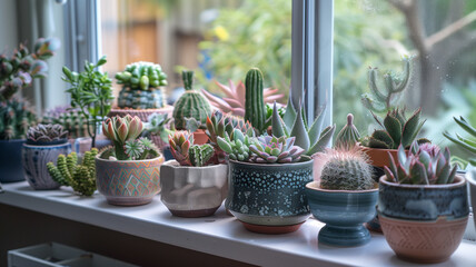 Window sill filled with succulents