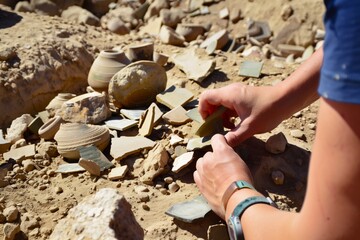 person examining pottery shards at a desert dig site - obrazy, fototapety, plakaty