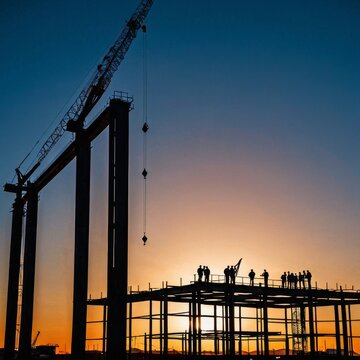 Silhouettes of construction workers and cranes against a vibrant sunset sky. The image captures the bustling activity of a building site as the day ends.