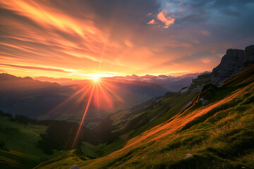 Magisches Alpenglühen: Langzeitbelichtung eines Sonnenuntergangs bzw. Sonnenaufgangs in den Alpen / Bergen