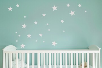 white crib against a pastel blue wall with star decals - obrazy, fototapety, plakaty