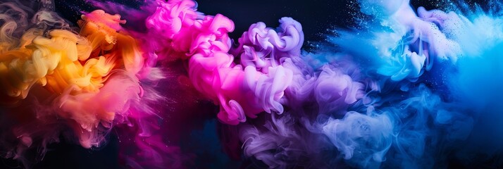 A picture of colorful ink in a water. isolated on dark black background. multicolored paint explosion overlay. abstract smoke in different colors underwater, mixing rainbow, AI Generated.