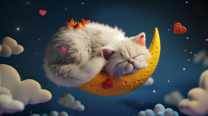 Cat sleeping on moon with hearts