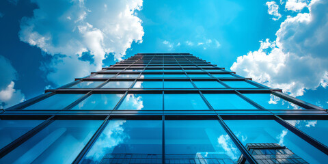 modern building  glass on blue sky background, tall building, banner,  - obrazy, fototapety, plakaty