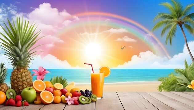Happy summer season background with having garden full of palm trees birds and beautiful flowers plants along with bight sun and clear sky with slightly rainbow at the left corner of sky and behind 
