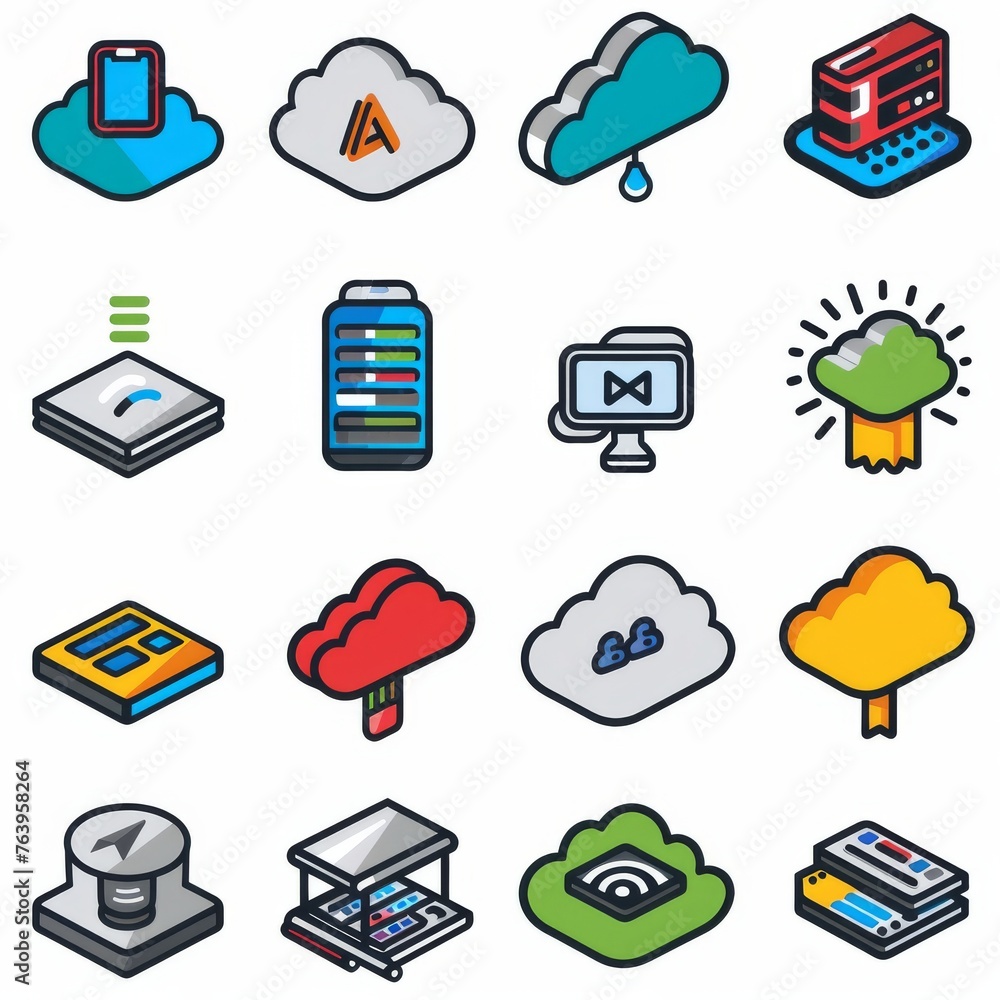 Poster a playful and colorful set of cartoon-style icons depicting various cloud computing concepts, perfec