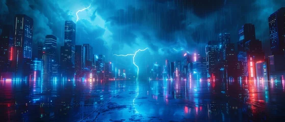 Fotobehang Blue thunder illuminating a futuristic cityscape where energy pulses through neon veins against a backdrop of perpetual night © Pornarun
