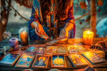A female fortune teller, with an array of mystical tarot cards displayed on a table - obrazy, fototapety, plakaty