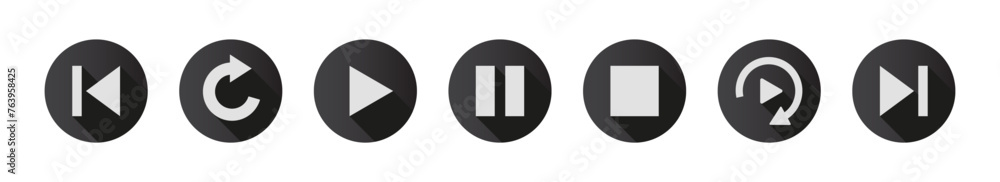 Poster button play, pause, repeat, previous, next. playback icon set with shadow in flat style isolated on 