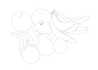 Fruit outline: bananas, apples, pears, peppers, tomato made of black lines isolated on a white background. Vector illustration.