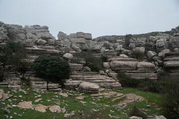 Picturesque view of a famous natural park El Torcal de Antequera near Málaga, Andalusia, Spain. Rocks in interesting shapes. Impressive karst landscapes."Tornillo" screw rock formation.