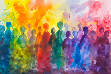 Abstract colorful art watercolor painting depicts a diverse group of people united. Illustration - obrazy, fototapety, plakaty