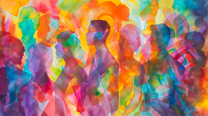 Abstract colorful art watercolor painting depicts a diverse group of people united. Illustration