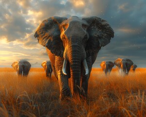 Heritage Keepers elephants with vast Memory Maps traverse the savanna embodying the oral traditions of Savanna Storytellers - obrazy, fototapety, plakaty