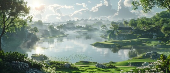golf course design where players enjoy tonkatsu at the turn and neo punk aesthetics salmon being the chef is choice - obrazy, fototapety, plakaty