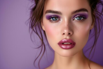Professional Makeup Look Featuring Purple Colors with Centered Photo Composition. Concept Purple Makeup Inspiration, Centered Composition, Professional Look