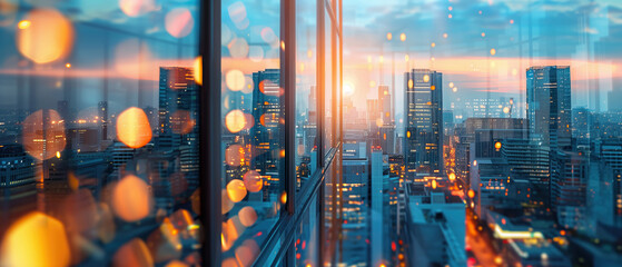 A stunning view of a cityscape through the glass window of a high rise building. The skyscrapers mirror facade creates an abstract background design, embodying a business and finance building concept
