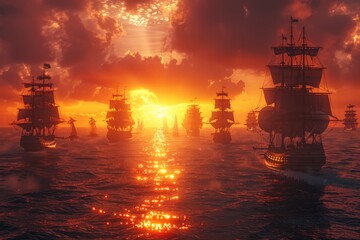 Pirate ships engage in a cinematic battle to conquer the seas cannons roaring and sails billowing against the sunset
