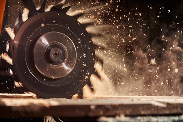 circular saw blade spinning with sawdust flying, no cut made yet - obrazy, fototapety, plakaty