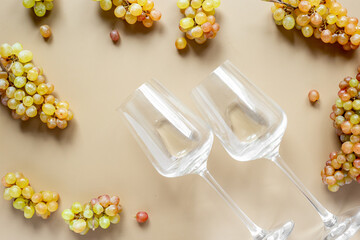 Two glasses of white wine with fresh grapes from the vineyard