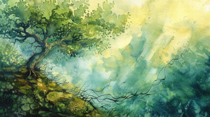 A watercolor painting of a gnarly tree amidst a mystic forest scene with vibrant sunlight filtering through