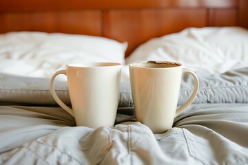 Fototapeta na wymiar pair of coffee cups for couple in bed, side by side