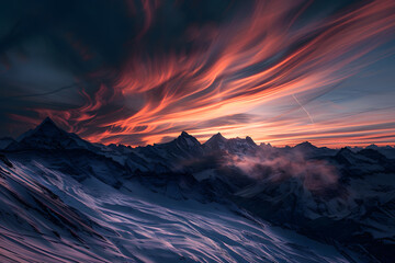 Magisches Alpenglühen: Langzeitbelichtung eines Sonnenuntergangs bzw. Sonnenaufgangs in den Alpen / Bergen