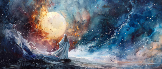 A dreamy watercolor artwork of a solitary figure observing the vastness of the cosmic sky