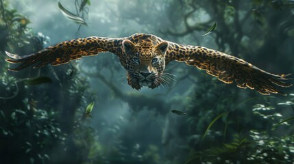 Winged Leopard soaring above an ancient mystic forest embodying freedom and mystical power