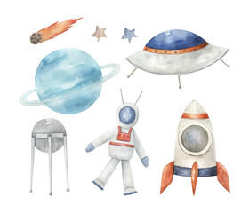 Watercolor cosmos collection with planets, rockets, astranaut, stars. Hand drawn isolated illustration on white background - 763959495