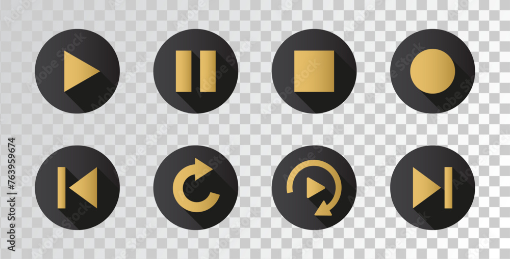 Poster ui button icon play, pause, repeat, previous, next. set of play symbols with shadow in flat style is