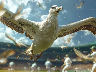 AviatorAlbatross soars above baseball fields capturing the game is spirit in a low angle shot as players converse in Gaelic enraptured - obrazy, fototapety, plakaty