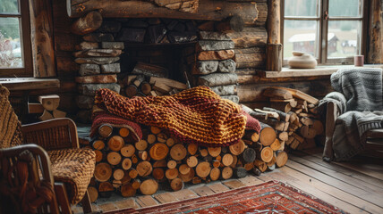A cozy cabin interior with fireplace and woodpile