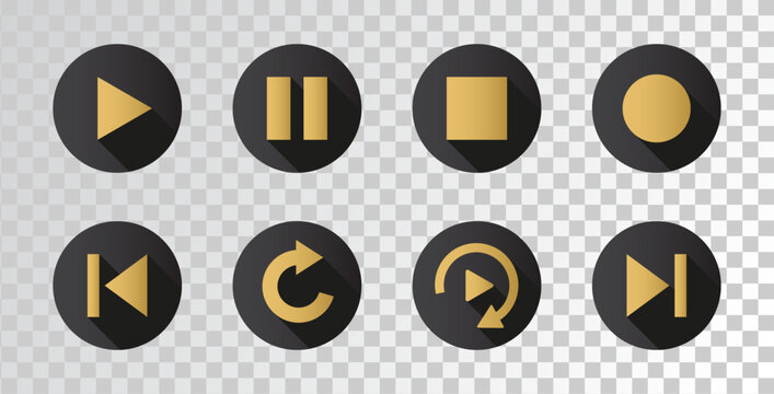 UI button icon play, pause, repeat, previous, next. Set of play symbols with shadow in flat style isolated on transparent background