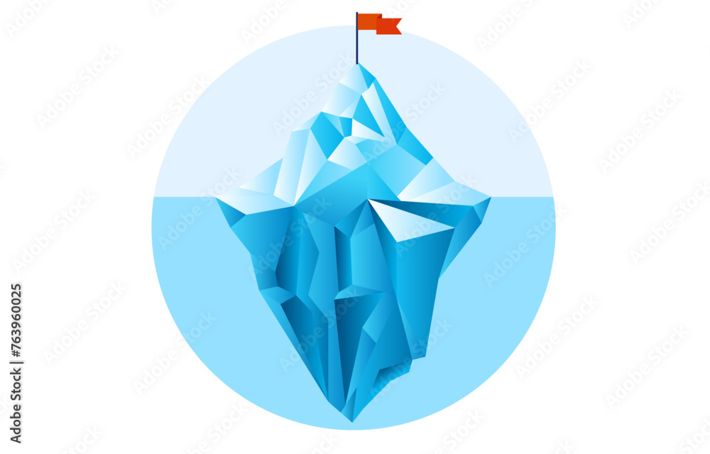 Poster iceberg with flag on top in round frame - vector illustration of sea and ice mountaintop isolated on