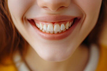 Obraz premium Beautiful cute smile with very clean perfect teeth. Chin, nose and mouth visible. Dental service advertisement